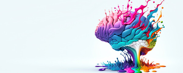 Virtual brain with splash paint isolated on white banner. Brainstorm concept. Place for text. Generative AI