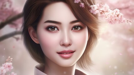 Fototapeta premium 桜の中にいる美人のアジア人女性（笑顔・Generative AI） 