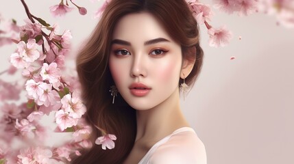 Obraz na płótnie Canvas 桜の中にいる美人のアジア人女性（Generative AI） 