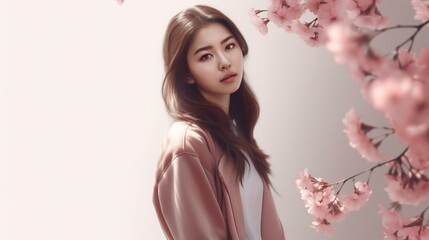 桜の中にいる美人のアジア人女性（Generative AI）
