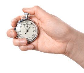 Woman holding vintage timer on white background, closeup