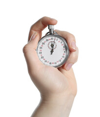 Woman holding vintage timer on white background, closeup