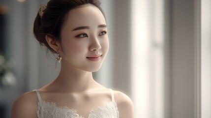 結婚式・花嫁・新婦・ブライダル・ウェディングドレスを着たアジア人女性（Generative AI）
