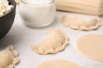 Process of making dumplings (varenyky) with cottage cheese. Raw dough and ingredients on white table, closeup