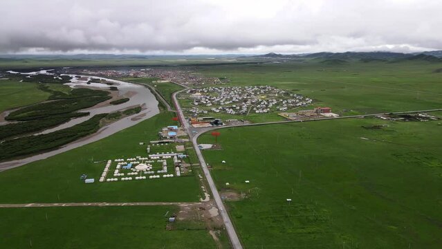 Aerial video of Tangke Town, Ruoergai Grassland,Sichuan,China