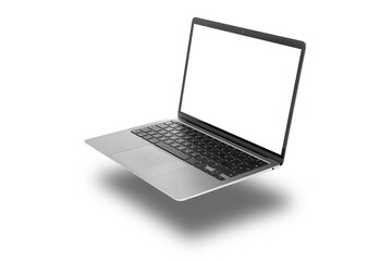 One modern laptop flying on white background