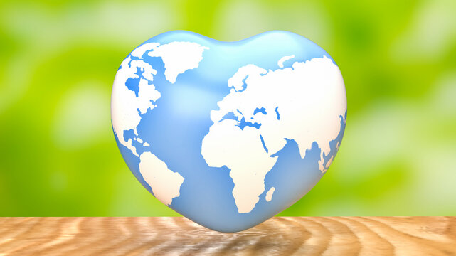 The earth  map on heart for eco concept 3d rendering