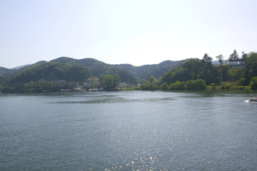 Scenery with mountains and rivers. North River on the way to Nami Island.