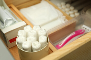 Fototapeta na wymiar Storage of different feminine hygiene products in drawer, closeup
