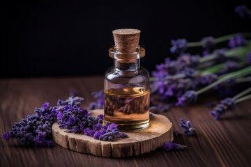Bottle of lavender massage oil - beauty treatment. Created with generative AI tools