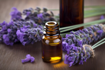 Obraz na płótnie Canvas Bottle of lavender massage oil - beauty treatment. Created with generative AI tools