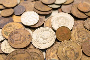Soviet coins close up. USSR coins, top view. Old coins for numismatics. Historical heritage. Background