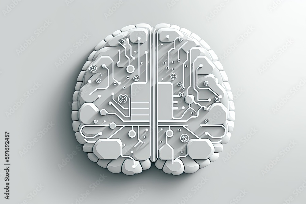 Poster human brain with a visible circuit board inside it, representing the integration of technology and t