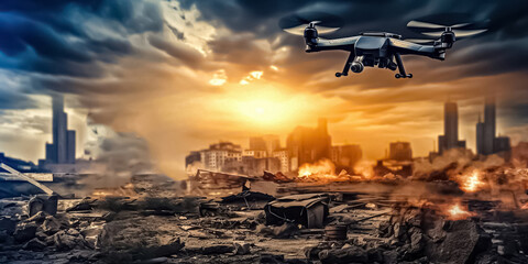 Military Quadcopter Drone In The Air Over war zone. digital art