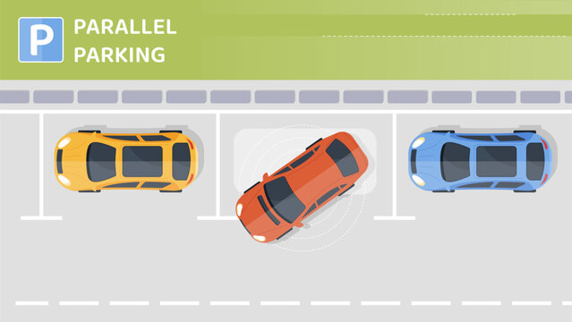 Parallel parking top view. Multicolored cars near work, home or shopping center. Marked parking spaces. Rules of road, educational infographic. Cartoon flat vector illustration
