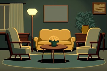  cozy living room with a modern sofa, coffee table, and a floor lamp. Generative AI