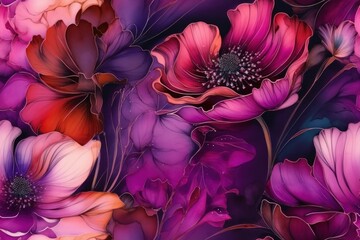 Abstract watercolor floral pattern in combination of pink and purple colors, background. Magenta shades. AI generated