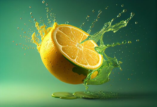 lemonade Splashing on Green lemon fruit isolated on Green background. Generative AI
