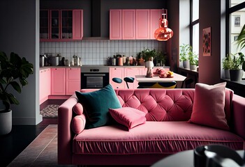 Light studio apartment with pink sofas and modern kitchen. Generative AI
