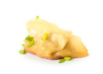 Tasty Chinese jiaozi with green onion on white background