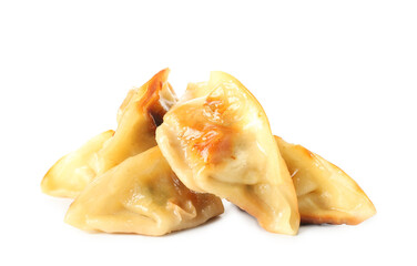 Tasty Chinese jiaozi on white background