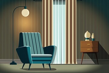 Fototapeta premium cozy living room with a comfortable chair and warm lamp lighting. Generative AI