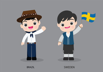 Brazil peopel in national dress. Set of Sweden man dressed in national clothes. Vector flat illustration.