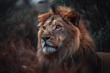 Naklejka na ściany i meble Beautiful lion in nature. The king of beasts concept. AI generated, human enhanced