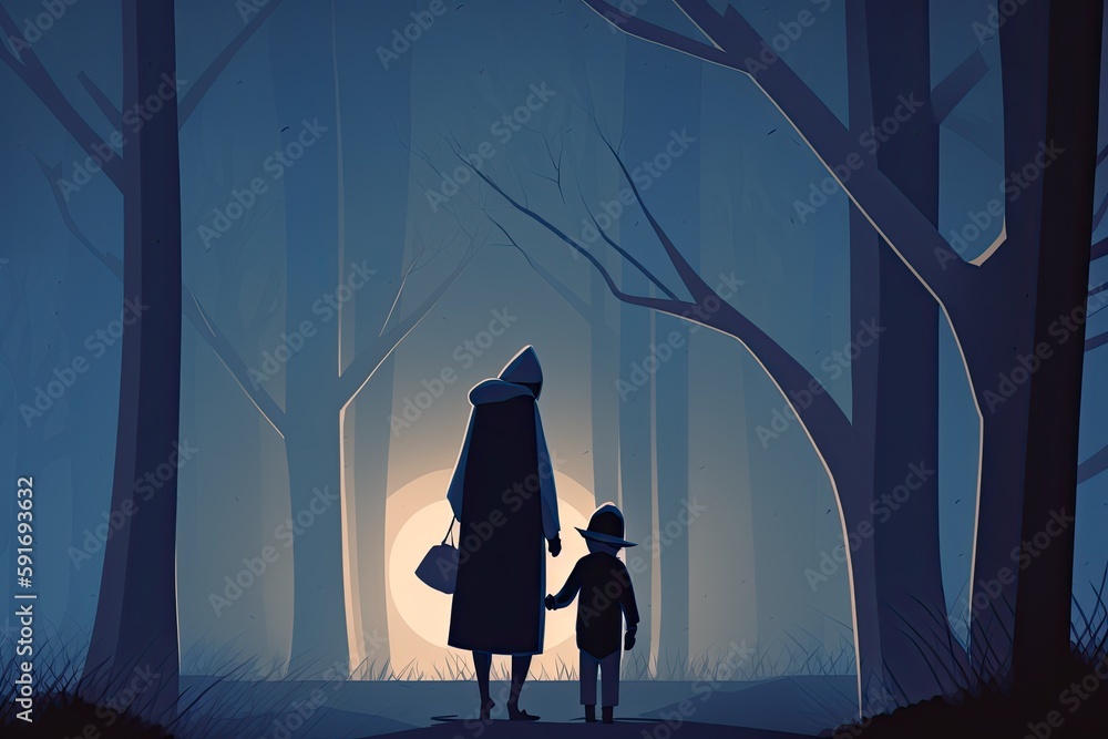 Poster man and child exploring a mystical forest at night. generative ai