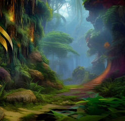 Dark Mysterious Path Through Dense Jungle