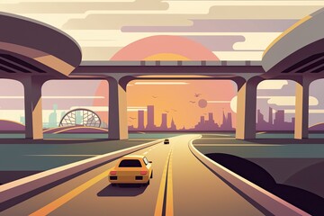 car driving on a highway under a bridge. Generative AI