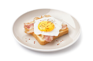 Delicious sandwich with fried egg and bacon on white background