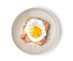Delicious sandwich with fried egg and bacon on white background