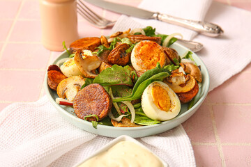 Plate of tasty potato salad with eggs and mushrooms on light pink background