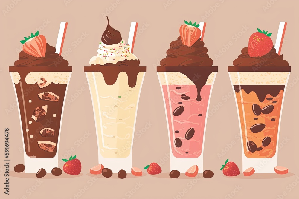 Poster various drinks adorned with strawberries on top arranged in a row. generative ai