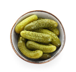 Bowl with tasty fermented cucumbers on white background