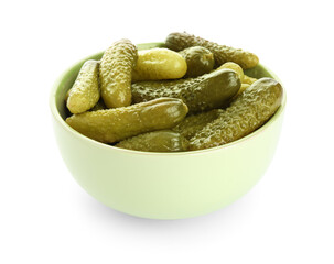 Bowl with tasty fermented cucumbers on white background
