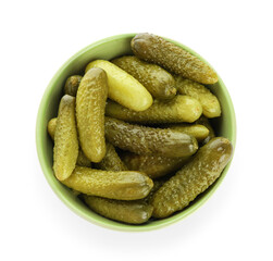 Bowl with tasty fermented cucumbers on white background