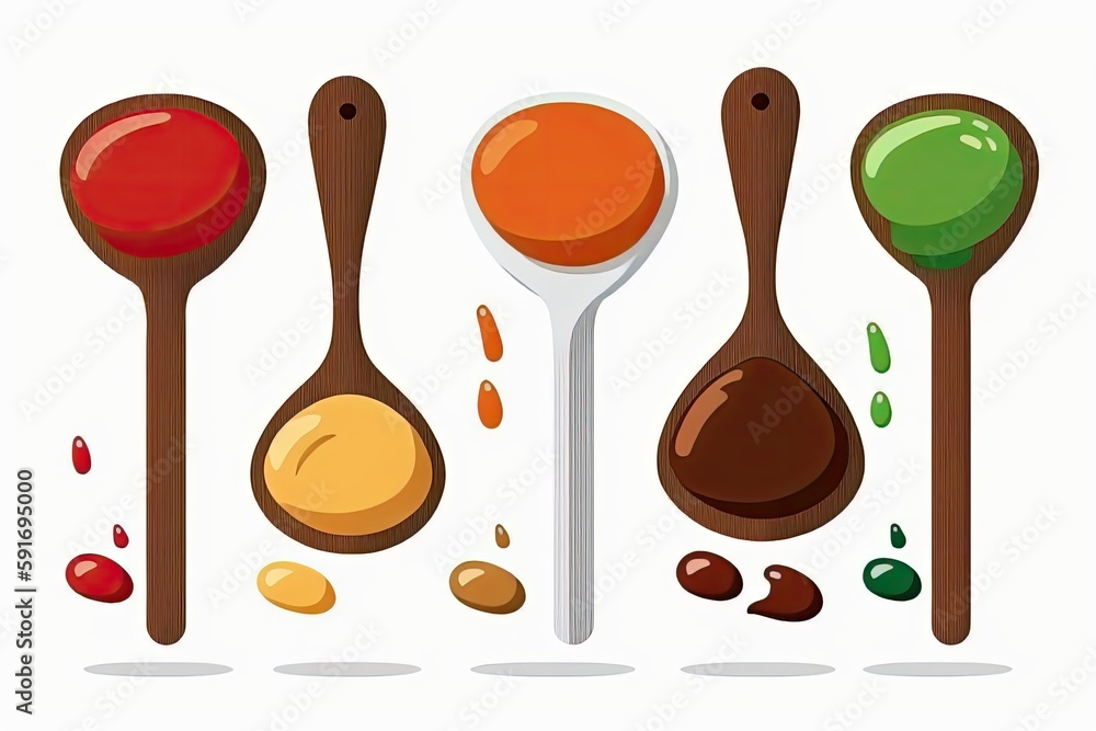 Poster collection of spoons each holding a different type of food. generative ai