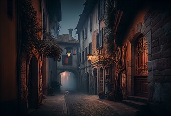 Fototapeta na wymiar Old European narrow empty street of medieval town on a foggy evening. Taken in Bergamo, Citta Alta, Lombardia. Generative AI