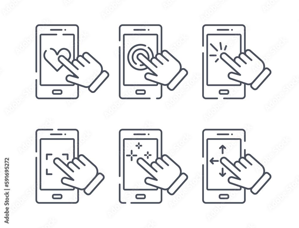 Poster touch screen icons set. collection of smartphone screen with various geometric shapes. mobile app in