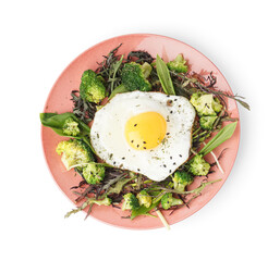 Plate with tasty fried egg and salad on white background