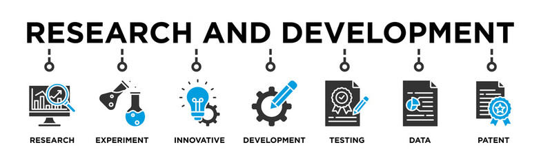 Research and Development  banner web icon vector illustration concept with icon of Market Research, Experimentation, Innovative, Development, Testing, Data, Patent