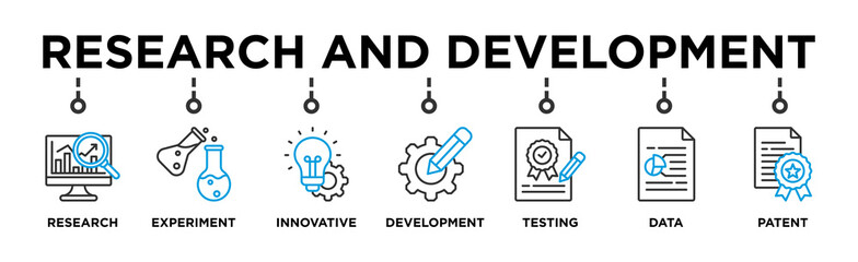 Research and Development  banner web icon vector illustration concept with icon of Market Research, Experimentation, Innovative, Development, Testing, Data, Patent