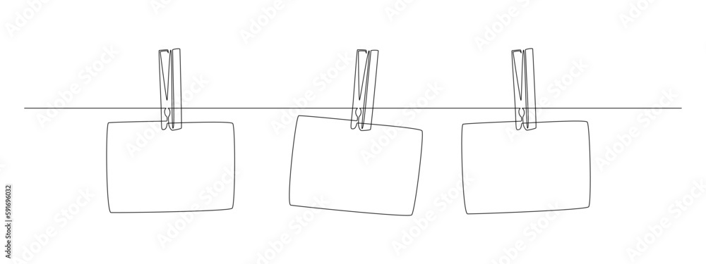 Leinwandbilder Photo frames hanging on the rope with clothespins in one continuous line drawing. Clothesline with pin and peg for photo album design concept in simple linear style. Editable stroke. Vector