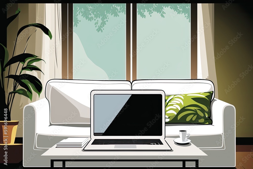 Poster laptop computer resting on a white couch. generative ai