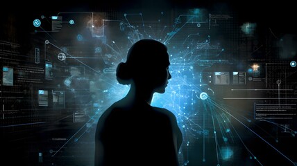 Silhouette of a Modern Woman Surrounded by Innovative Tech and Data
 - obrazy, fototapety, plakaty