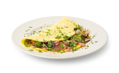 Tasty omelet with ham and greens on white background