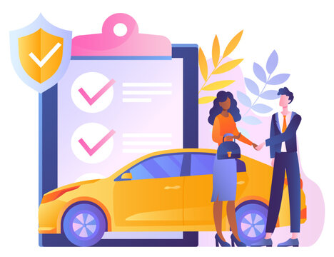 Car insurance concept. Man and woman shake hands against background of contract and document. Buying or renting vehicle. Security and protection. Cartoon flat vector illustration