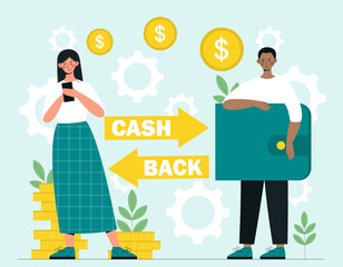 Cash back concept. Woman transfers gold coins to man with purse. Online shopping and electronic commerce. Special offer for regular customers, marketing at Internet. Cartoon flat vector illustration